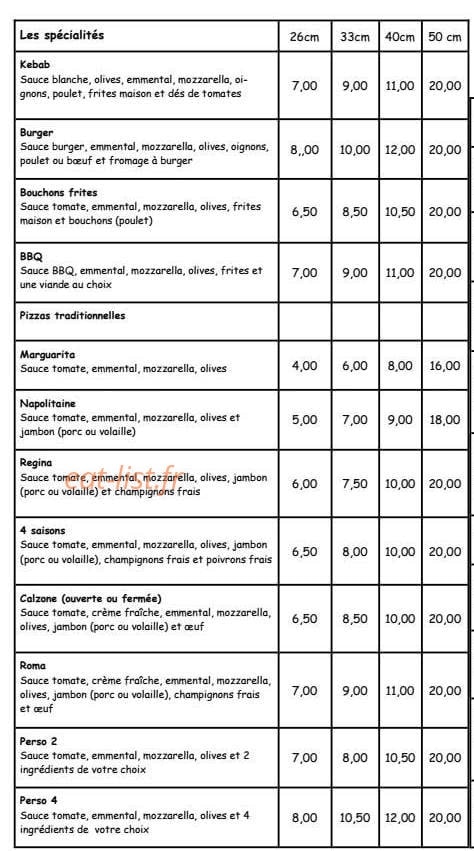Pizza Chez Simon — carte page 2