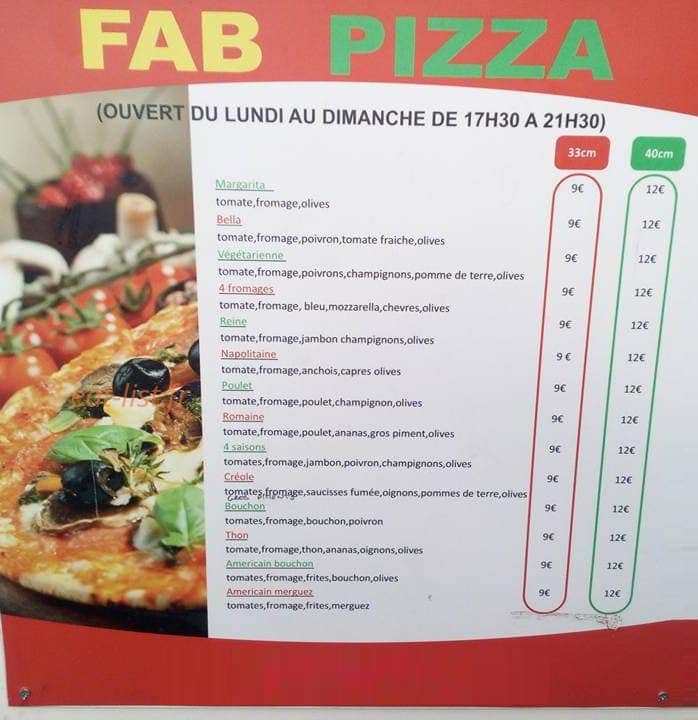 Fab pizza — carte page 1