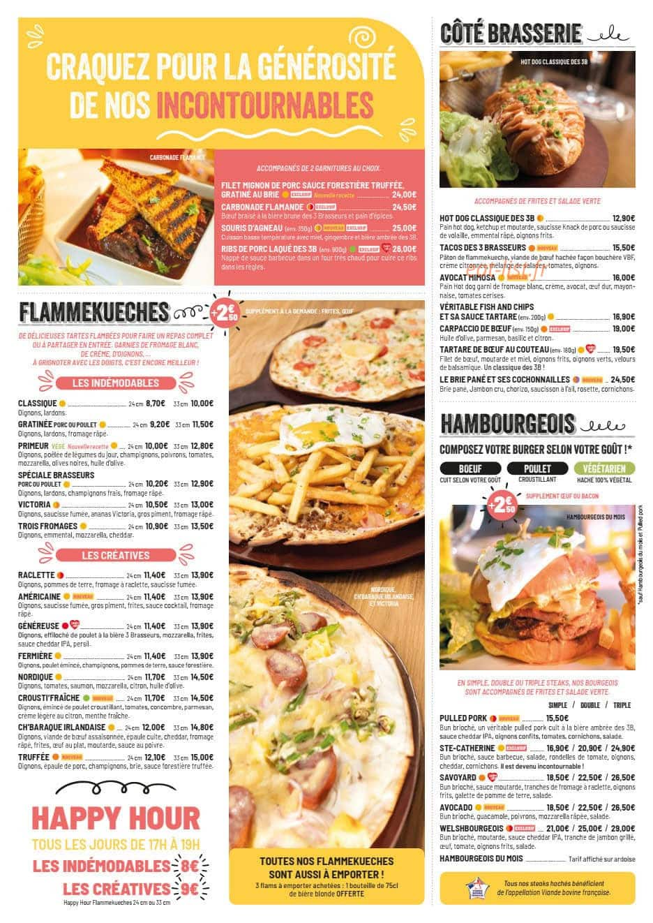 Carte et menu de Les 3 Brasseurs à Sainte Marie — Incontournable et coté brasserie