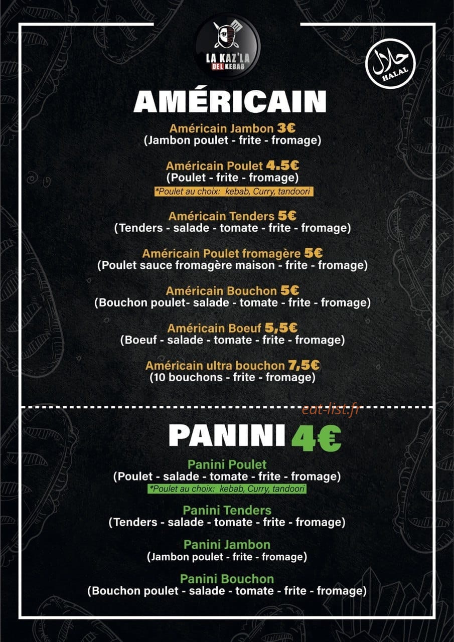 La Kaz' La Del Kebab — carte page 1