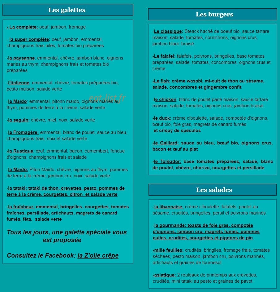 La Z'olie Crepe — carte page 1