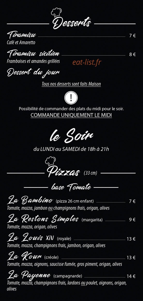 Carte et menu de Chez Mama i Fratelli del Gusto à Saint Paul — Les desserts, pizzas