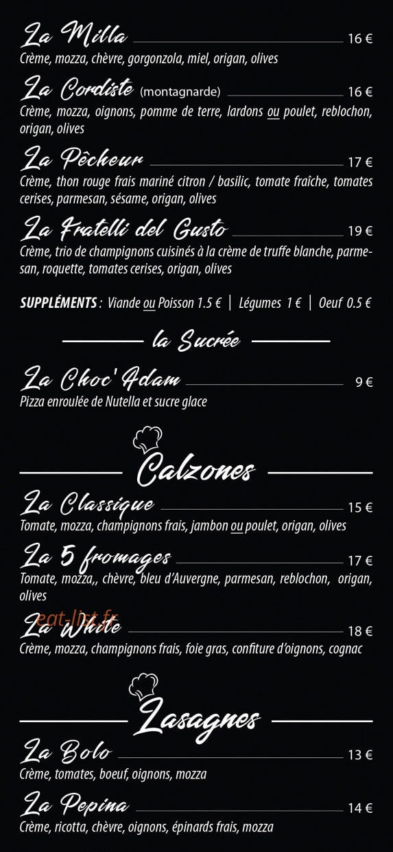 Carte et menu de Chez Mama i Fratelli del Gusto à Saint Paul — Les pizzas (suite), calzones, ...