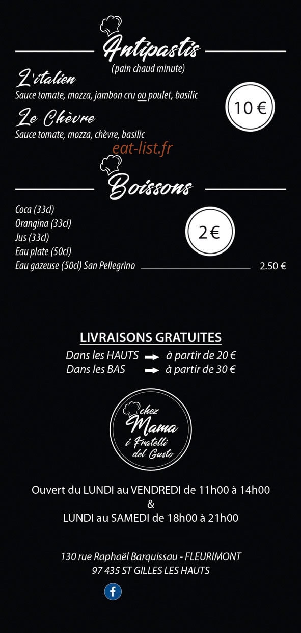 Carte et menu de Chez Mama i Fratelli del Gusto à Saint Paul — Les antipastis, boissons