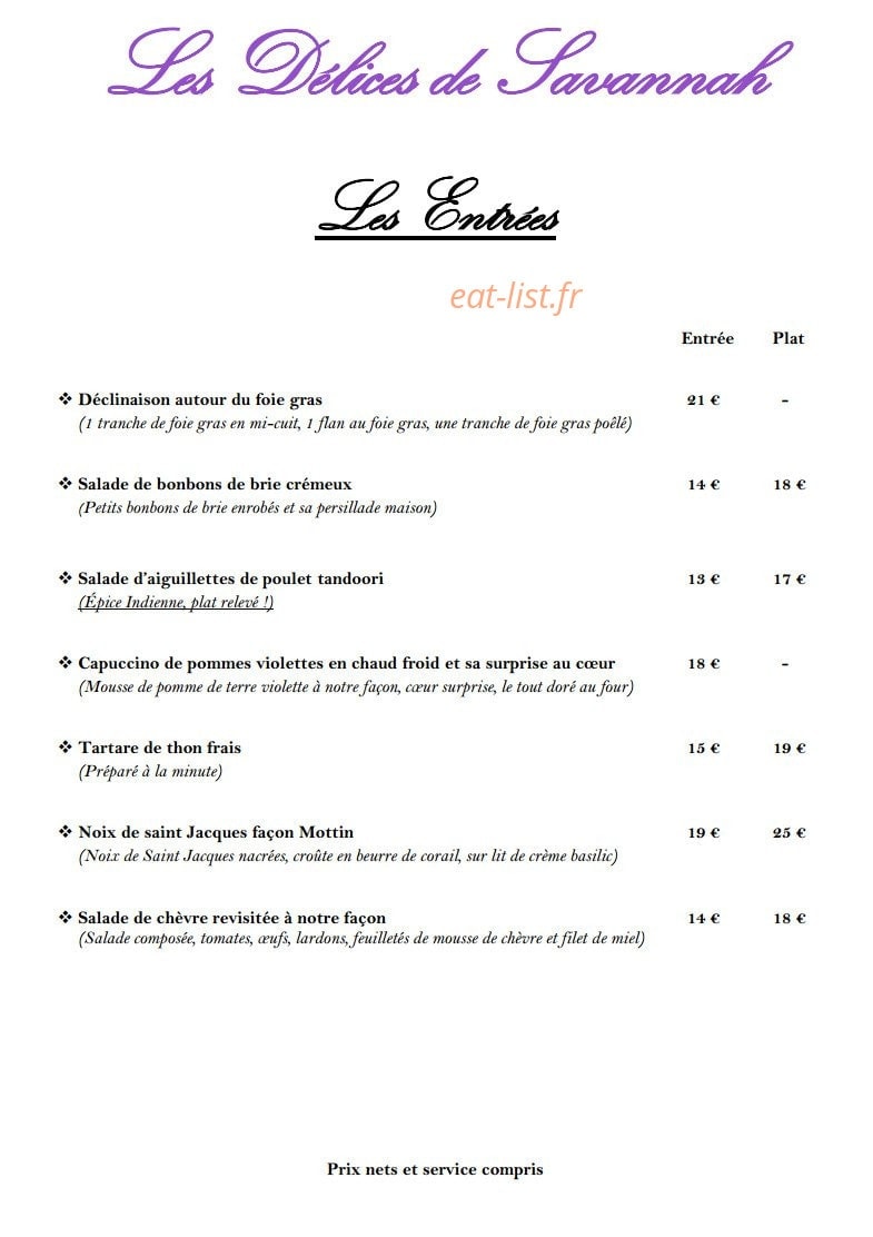 Les Délices de Savannah — carte page 1