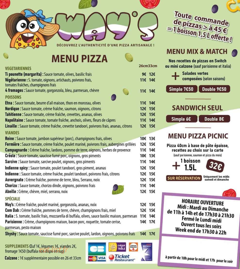 Way's Pizza — carte page 1