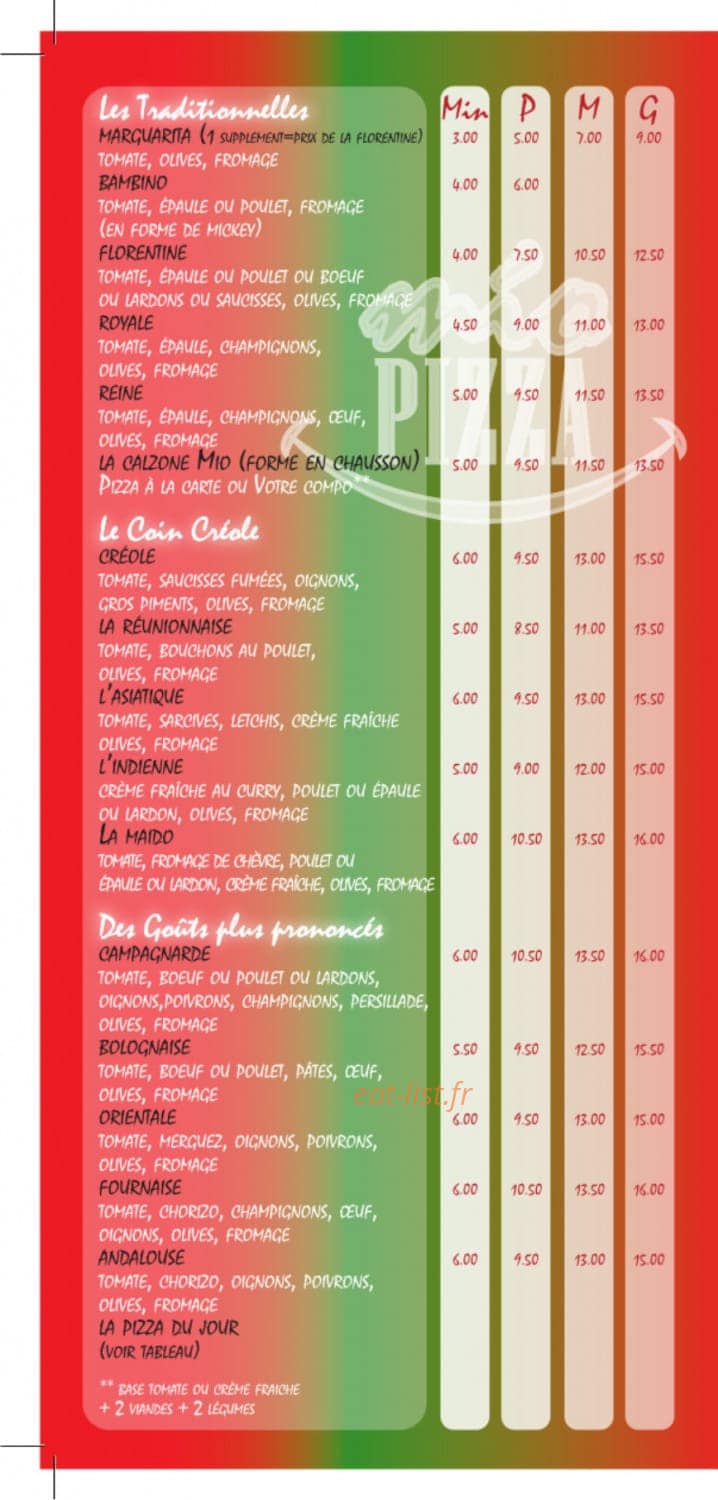 Mio Pizza — carte page 1