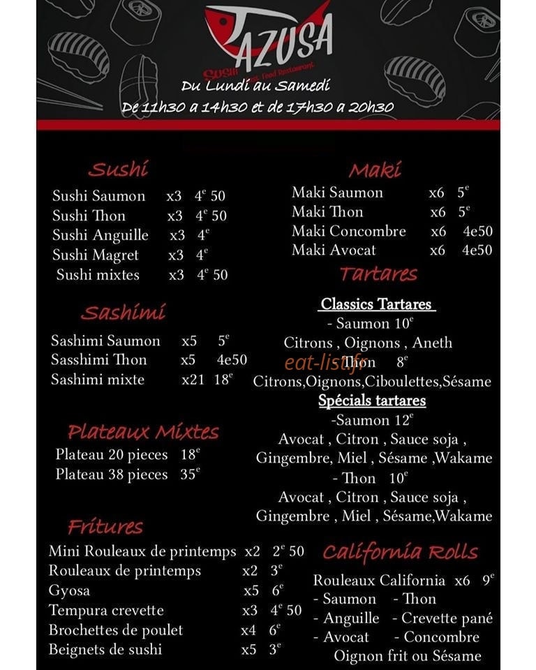 Azusa Sushi — carte page 1