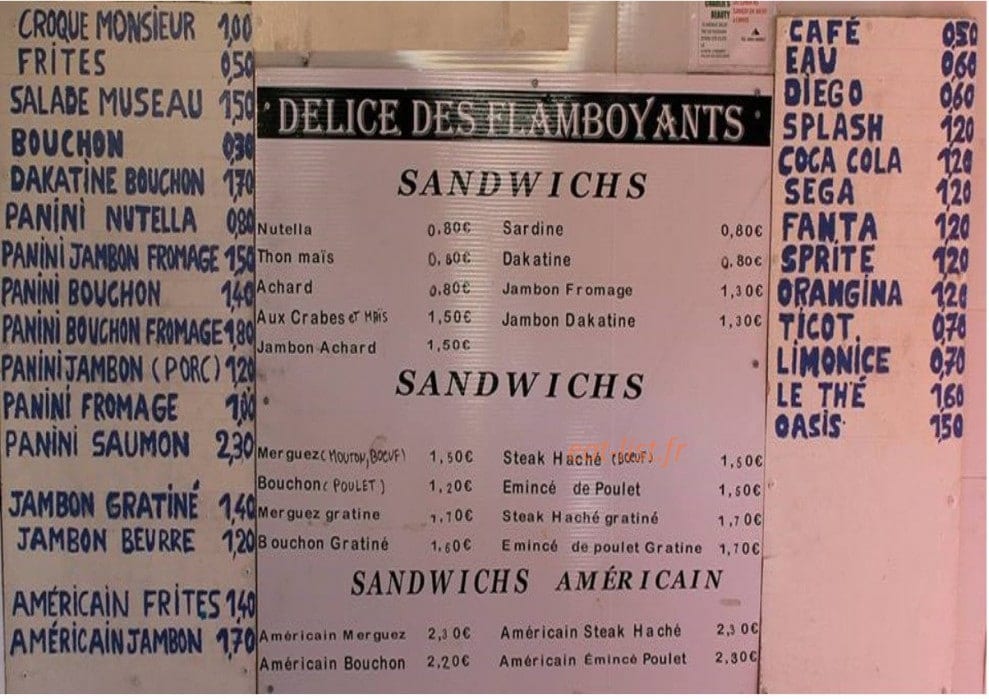 Carte et menu de Délice des Flamboyants à Sainte Clotilde — Les sandwiches, salades, paninis...