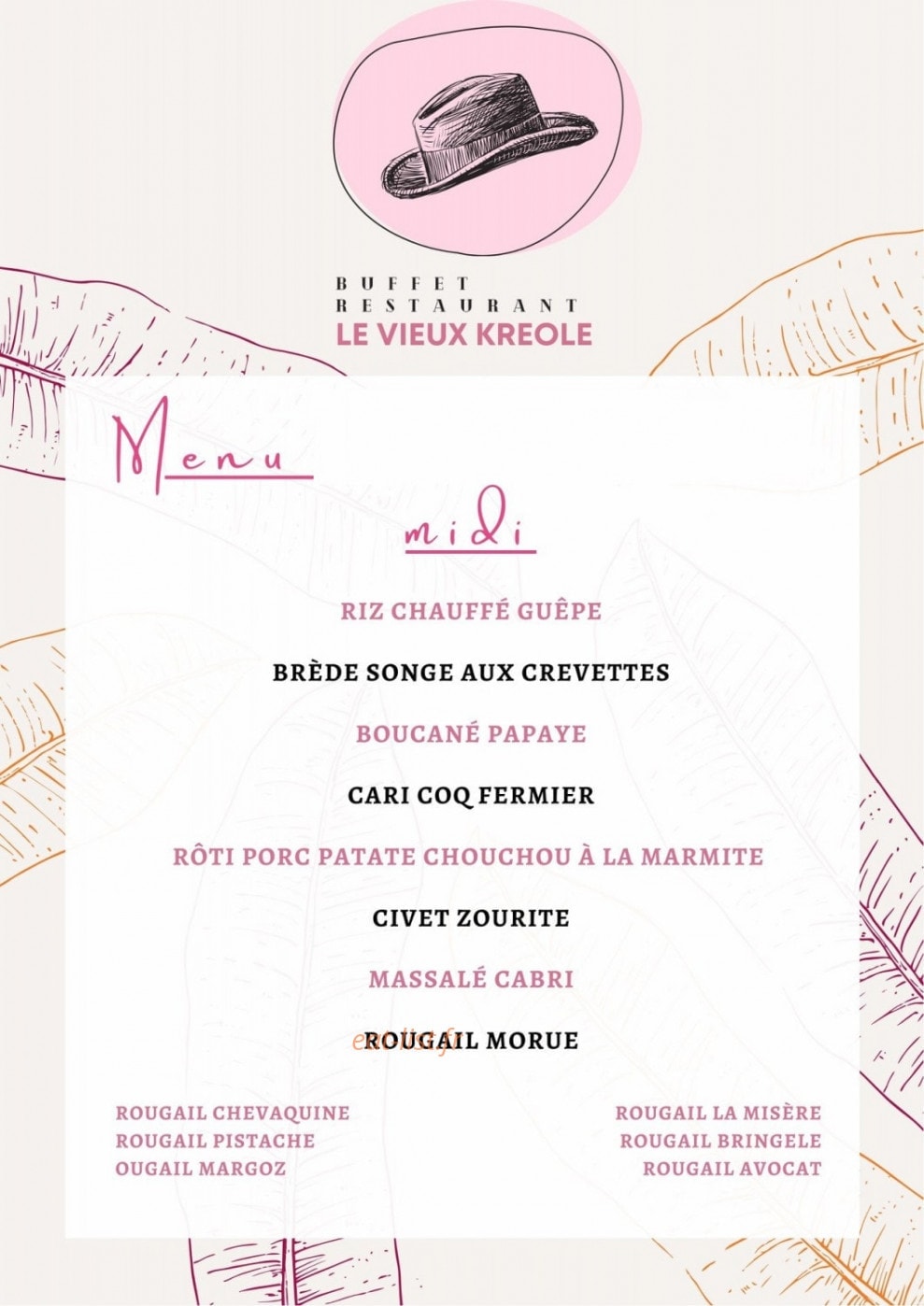 Carte et menu de Le Vieux Kréole à Sainte Clotilde — Un exemple de menu