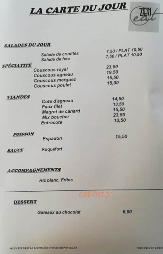 Zen Eat — carte page 1