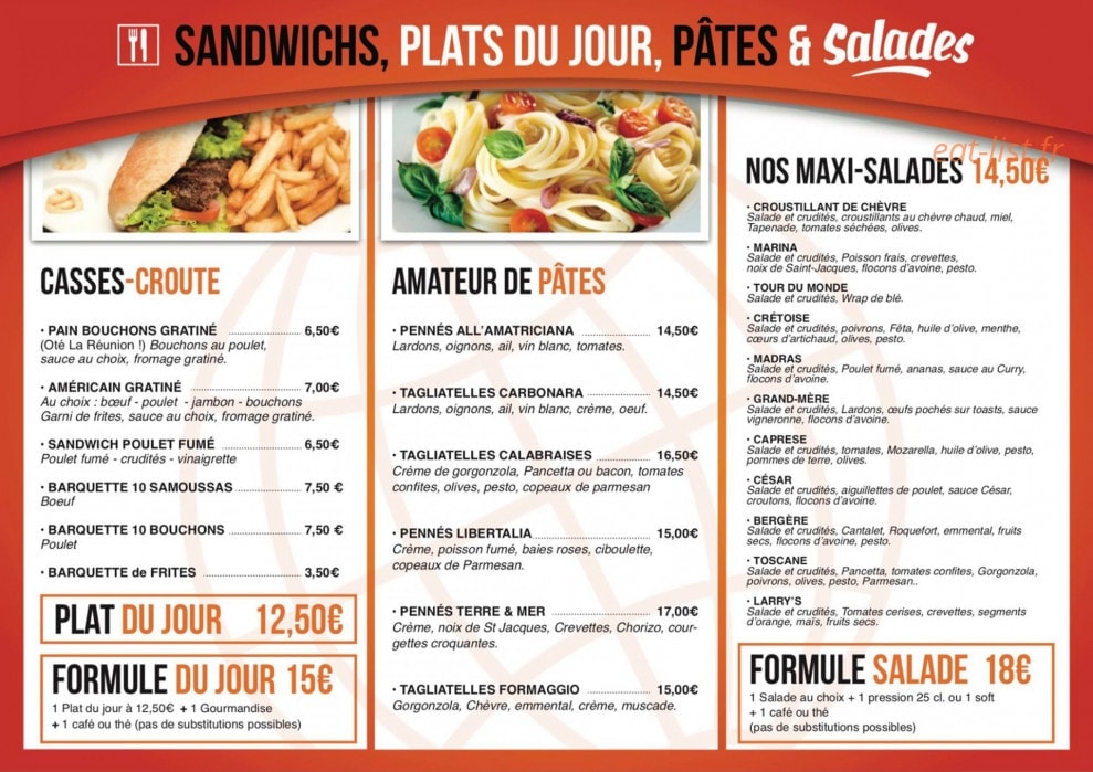 Menu Le Tour du monde - Les sandwiches, plats du jour, pâtes et salades