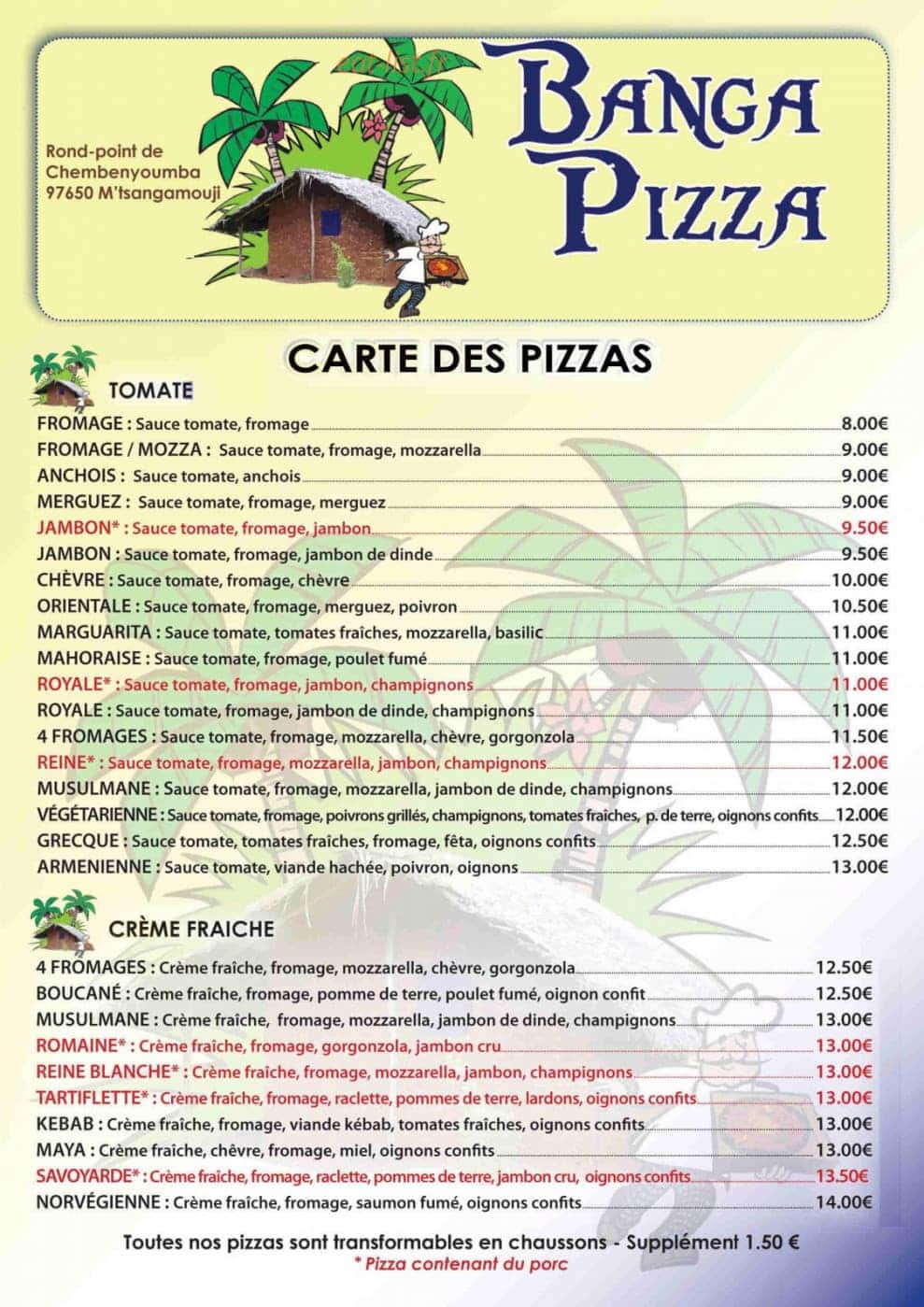 Banga Pizza — carte page 1