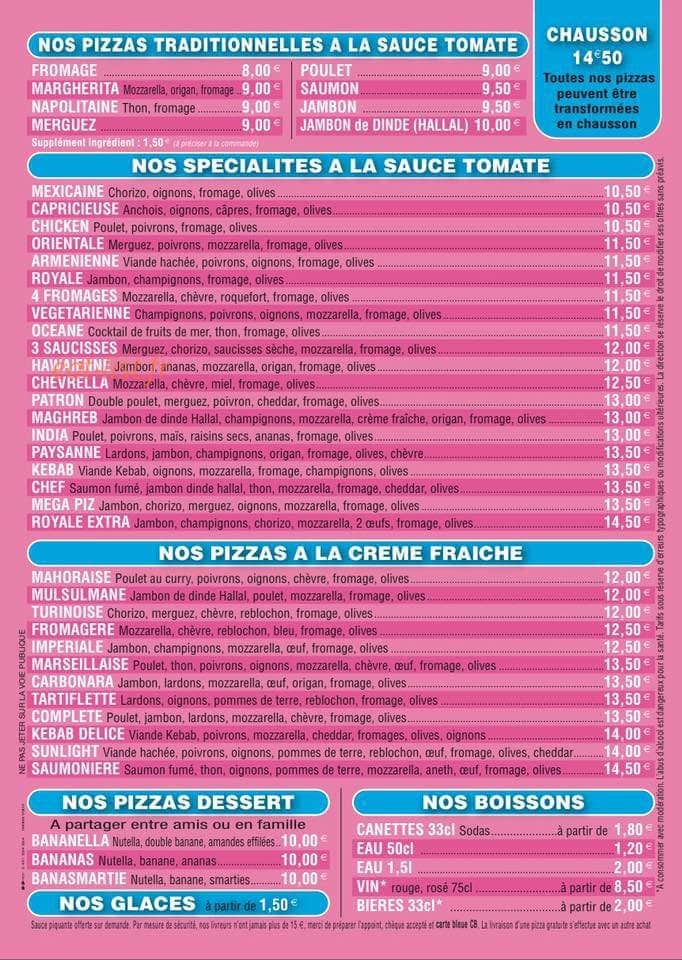 Sunlight Pizza et Kebab — carte page 1