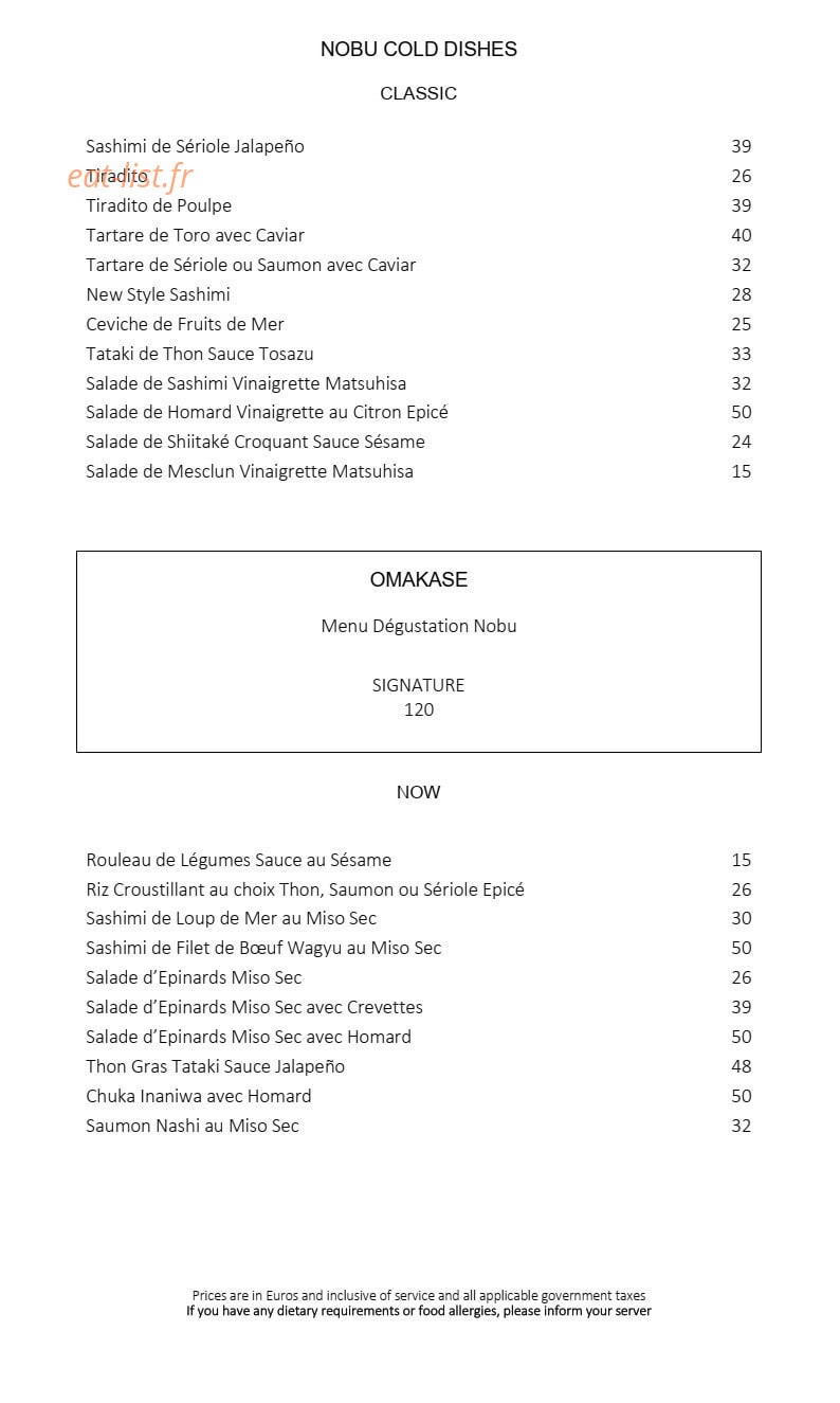 Nobu Fairmont Monte Carlo — carte page 1