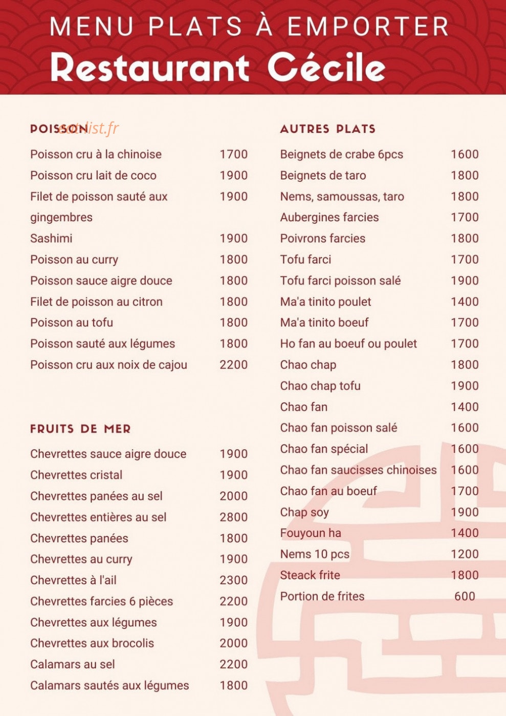 Restaurant Cécile — carte page 1