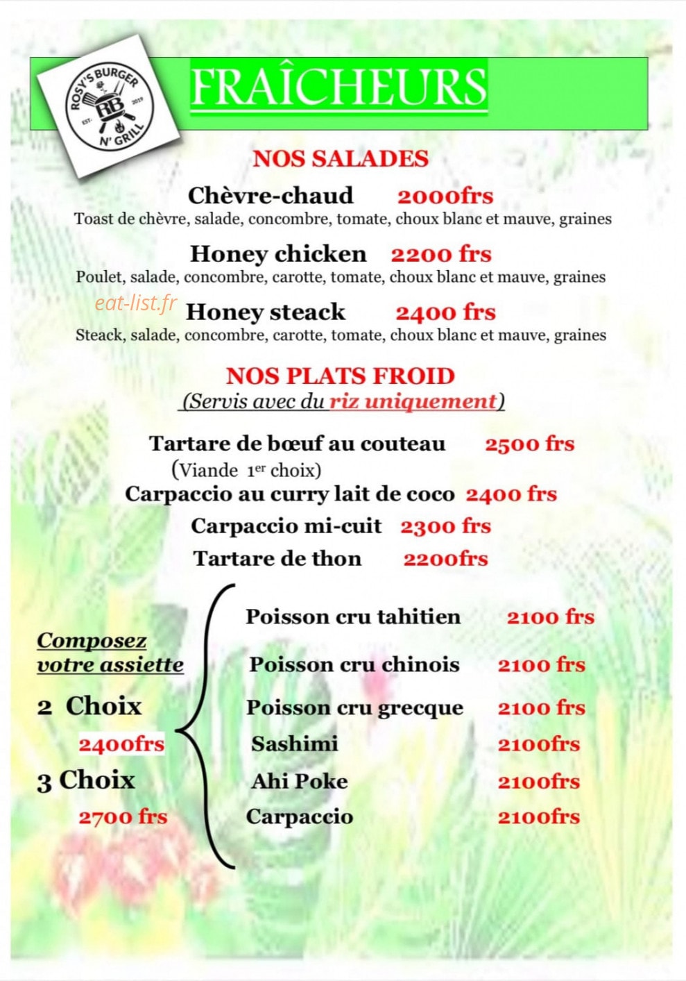 Carte et menu de Rosy's Burger N' Grill à Papeete — Les fraicheurs