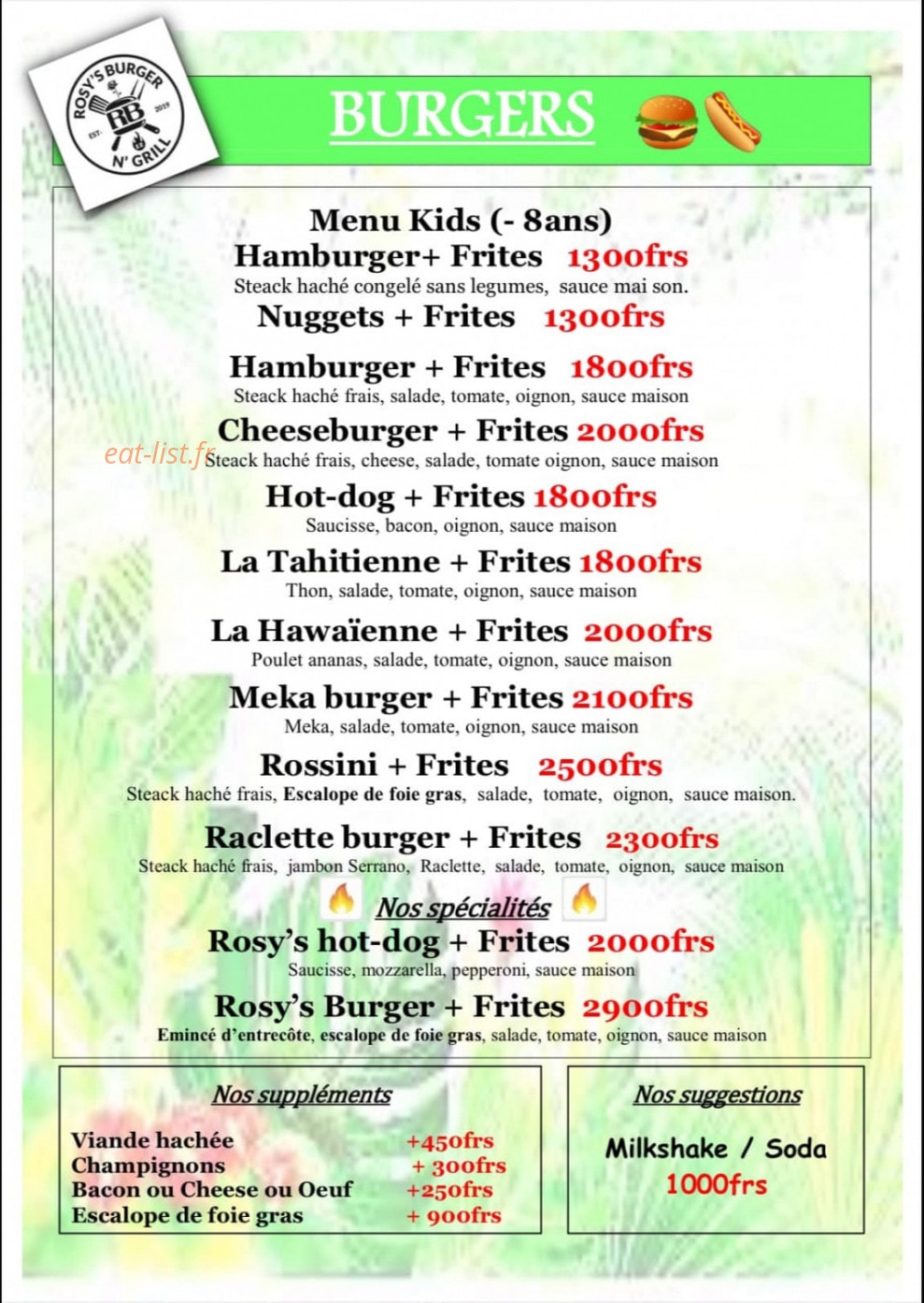 Carte et menu de Rosy's Burger N' Grill à Papeete — Les burgers