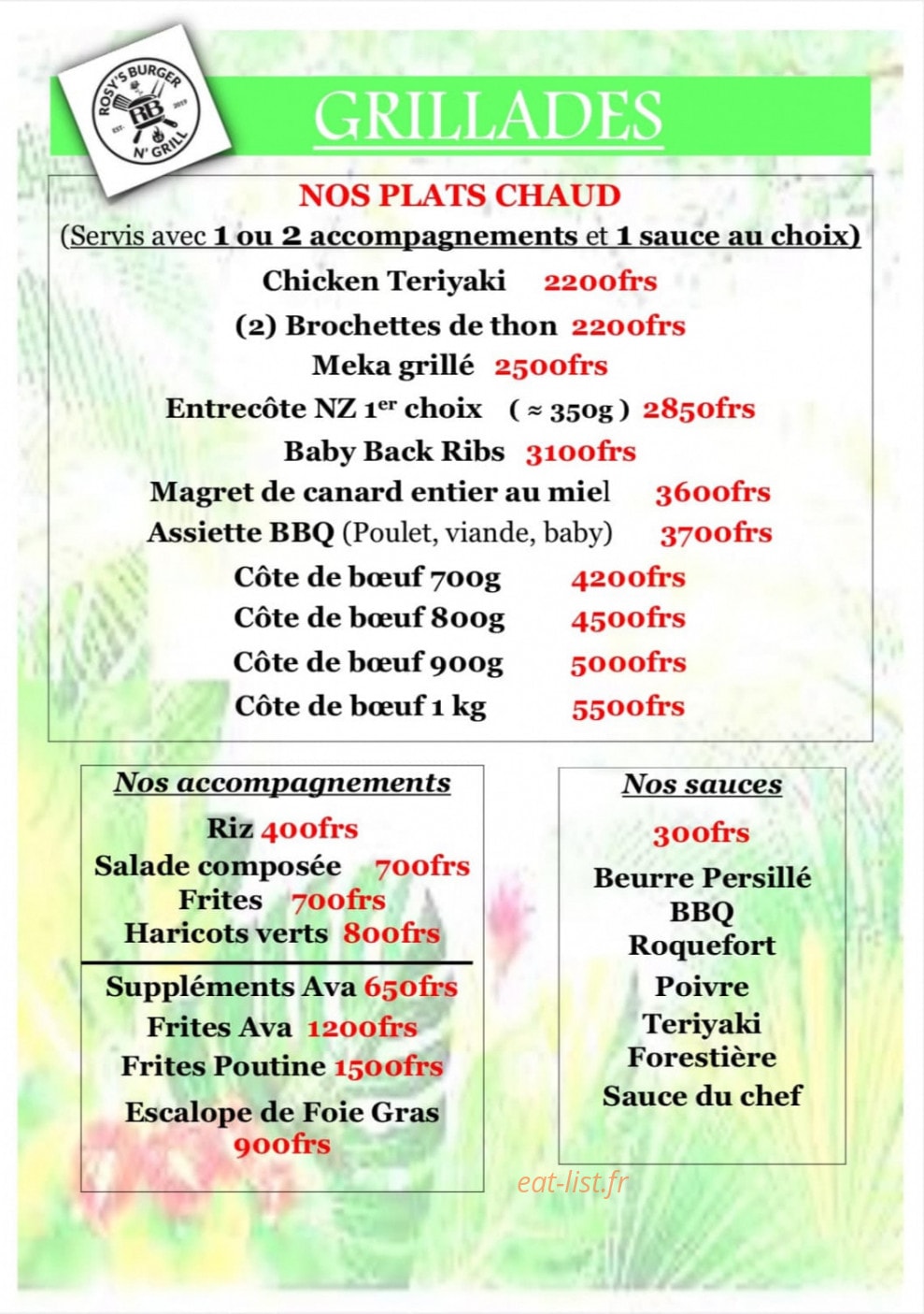 Carte et menu de Rosy's Burger N' Grill à Papeete — Les grillades