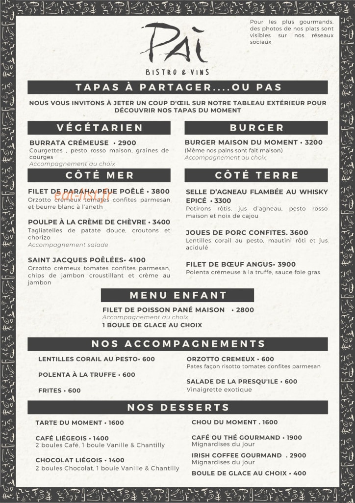 PAĪ Bistro — carte page 1