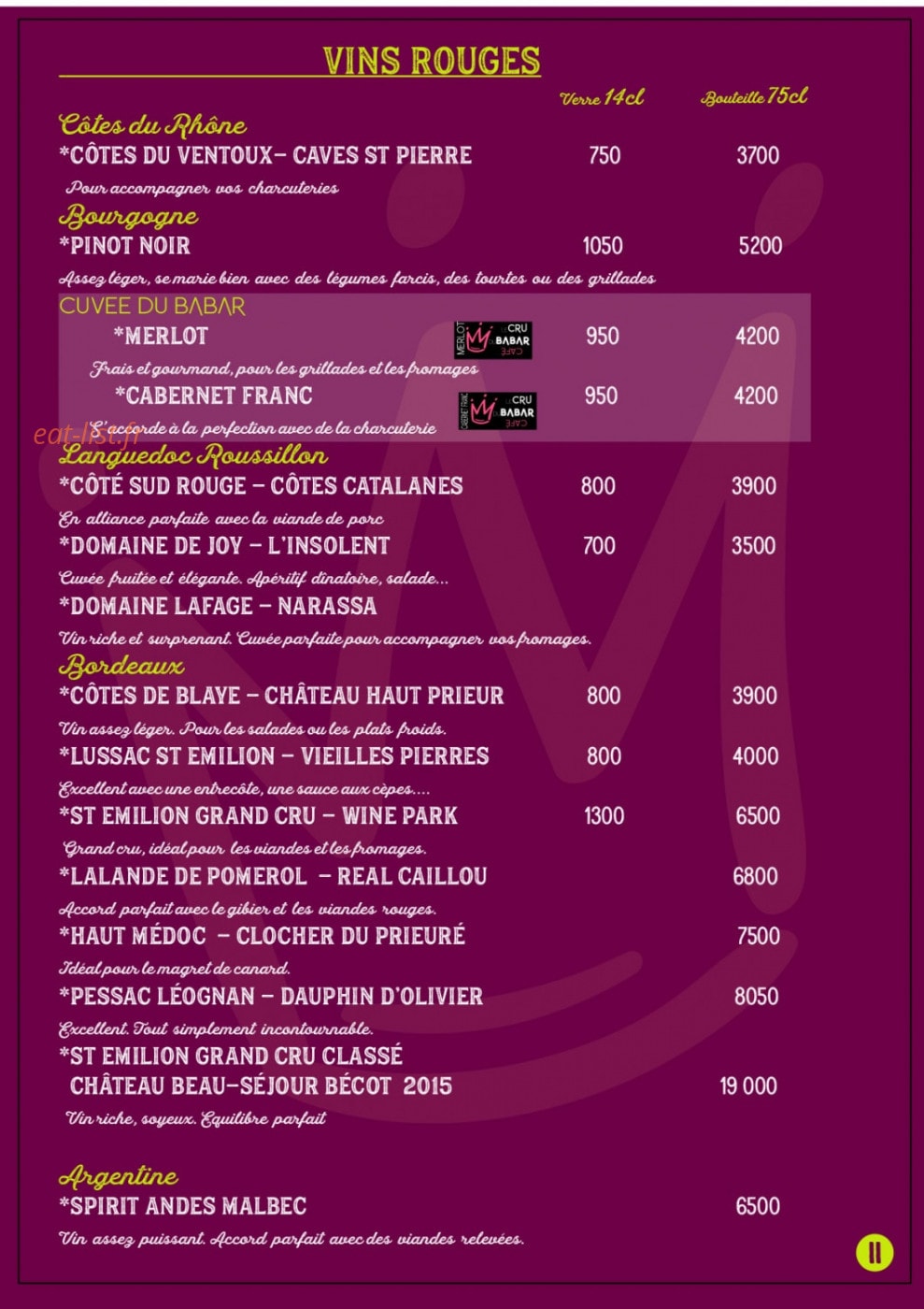 Babar Cafe — carte page 11