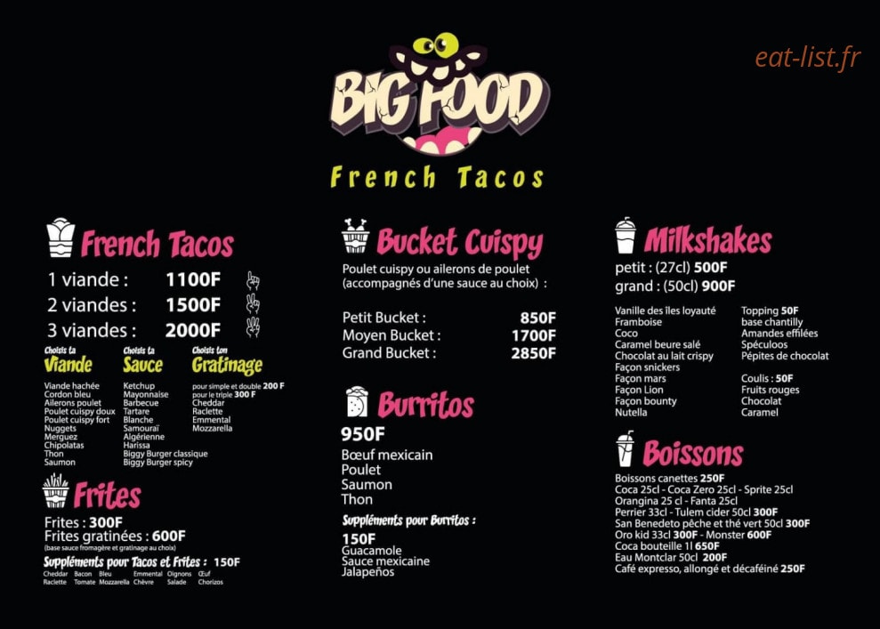 Bigfood — carte page 1