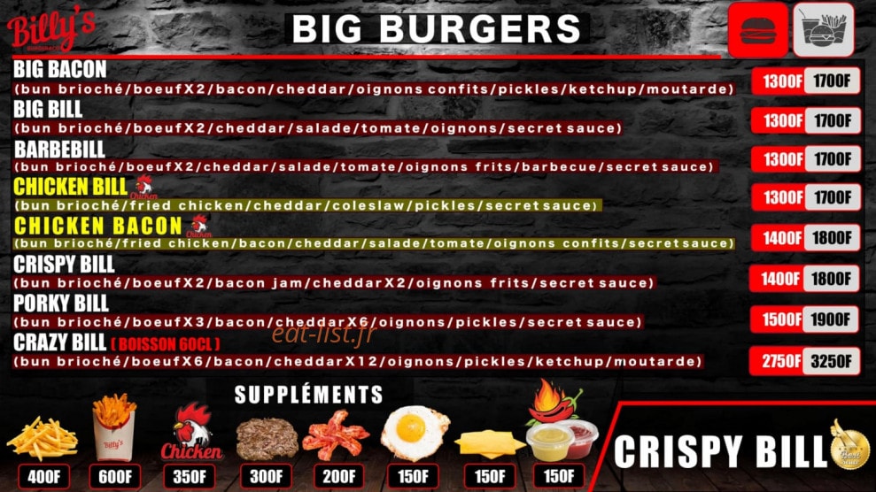 Billy’s — carte page 1