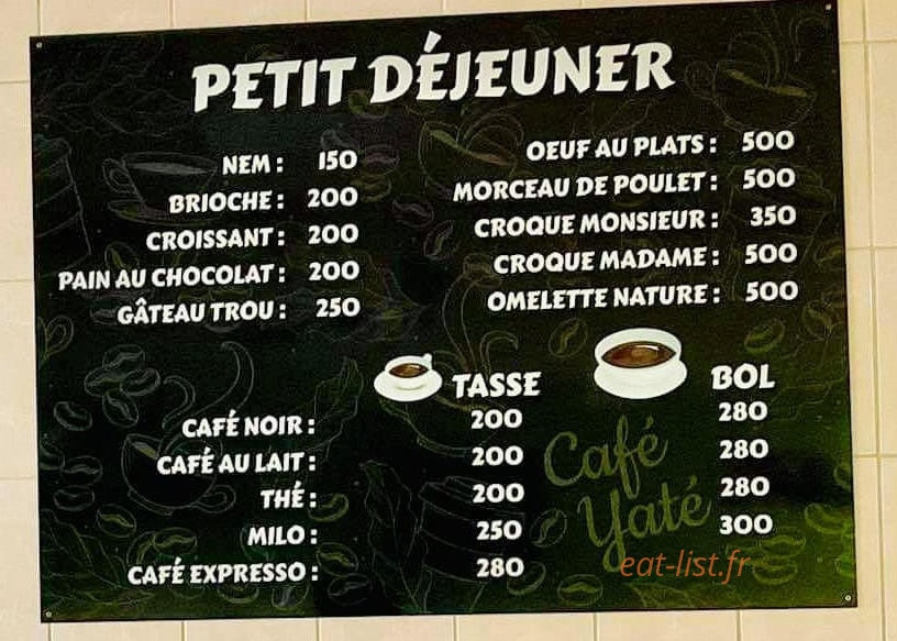 Café Yaté — carte page 1