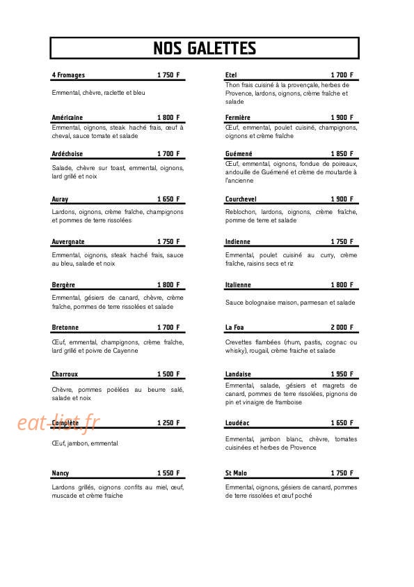 Crêperie Le Pastaga — carte page 1