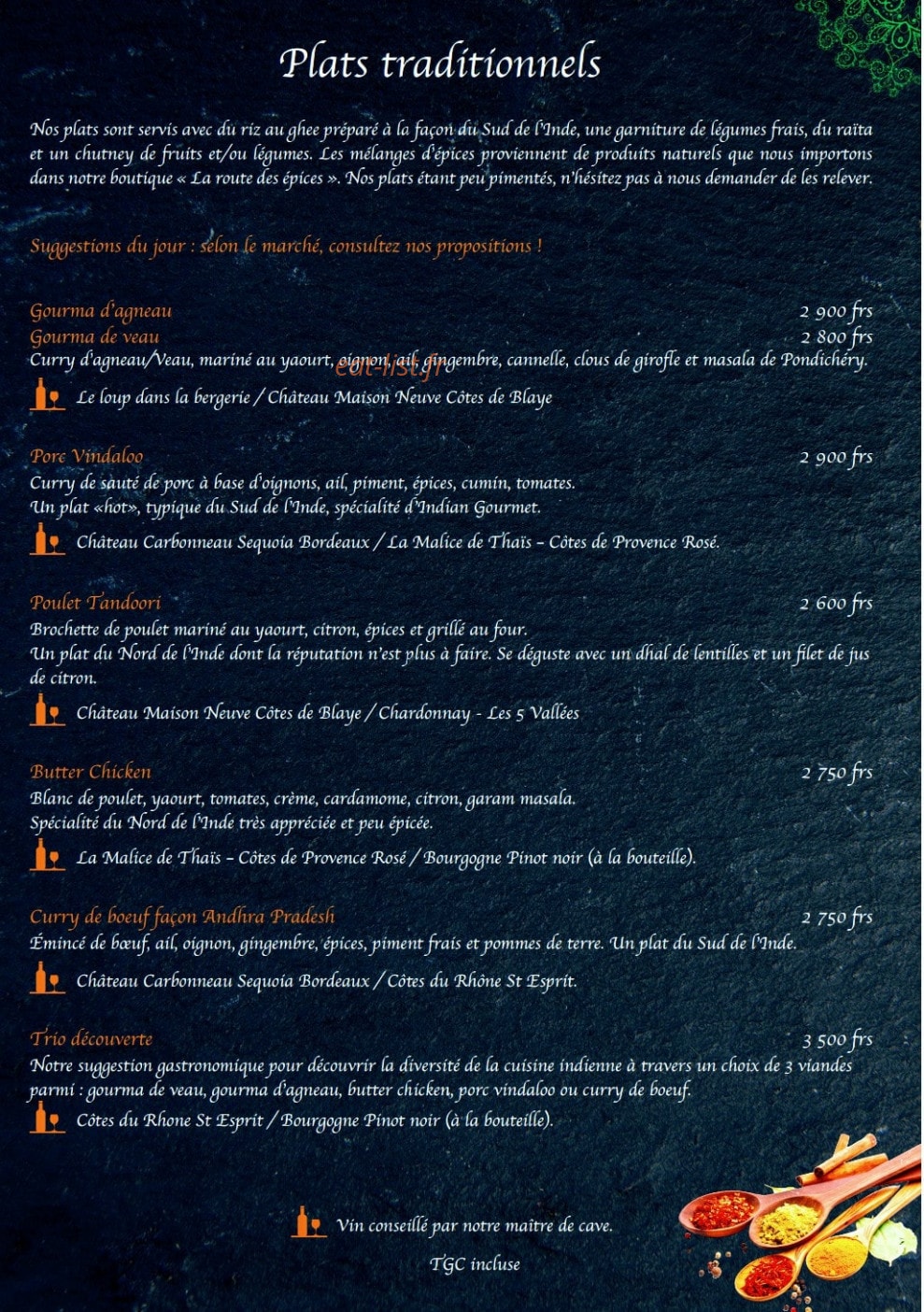 Indian Gourmet — carte page 1