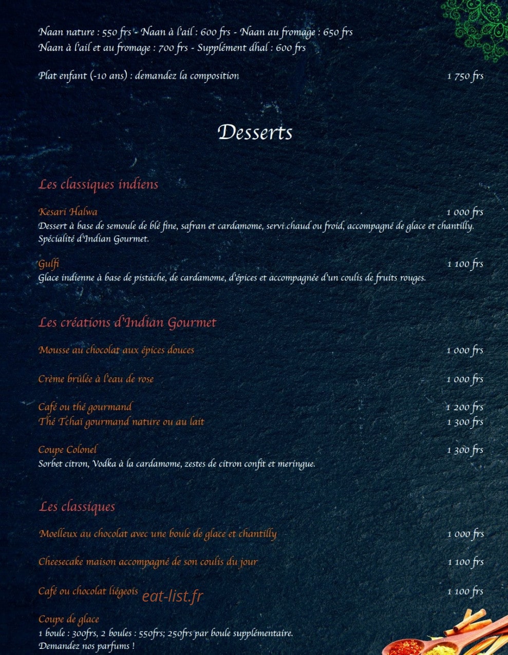 Indian Gourmet — carte page 3