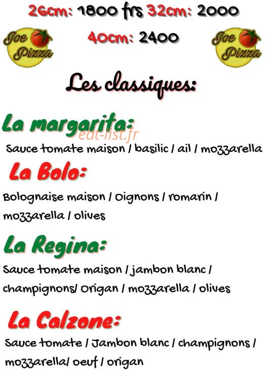 Joe Pizza — carte page 1