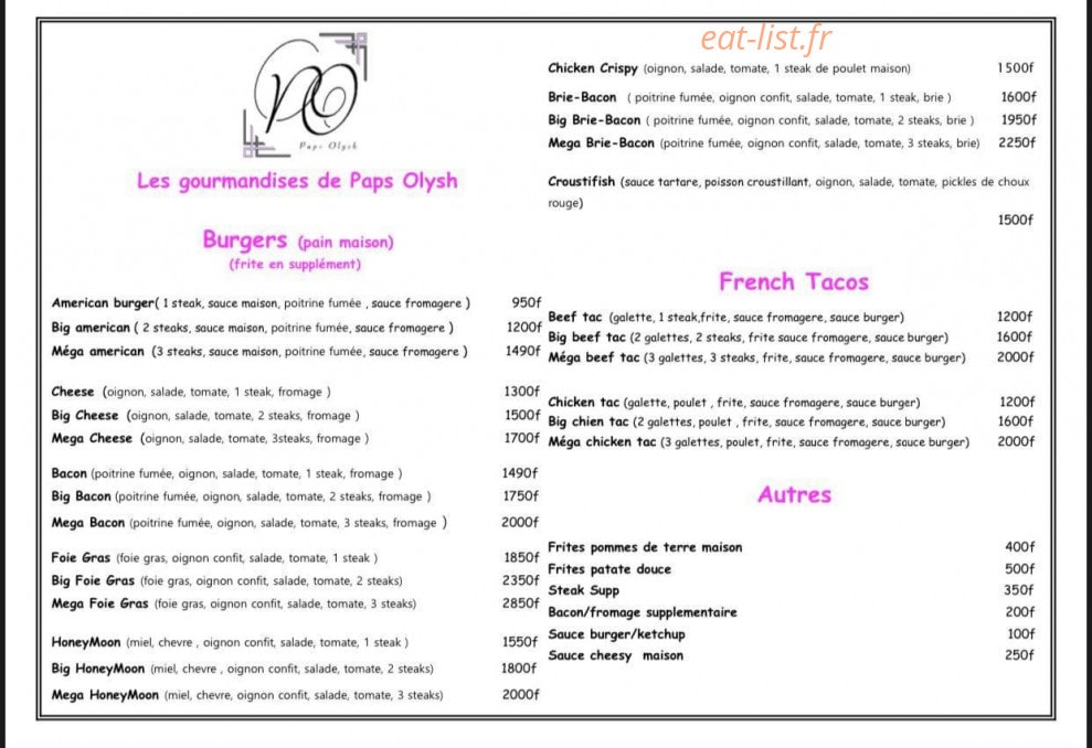 Les Gourmandises de Pap's Olysh — carte page 1
