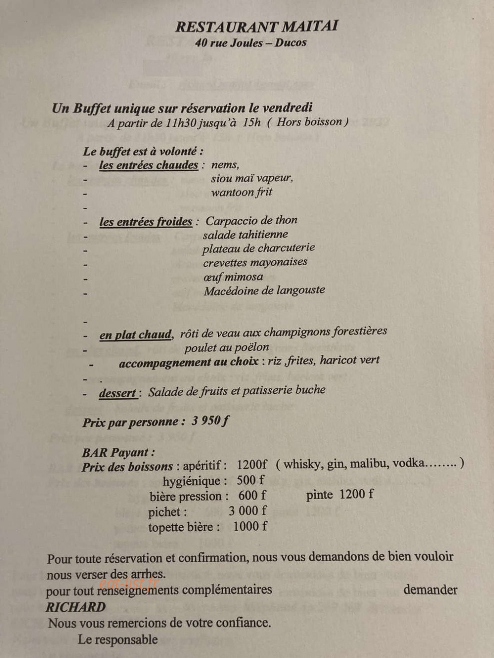 Maitai — carte page 1
