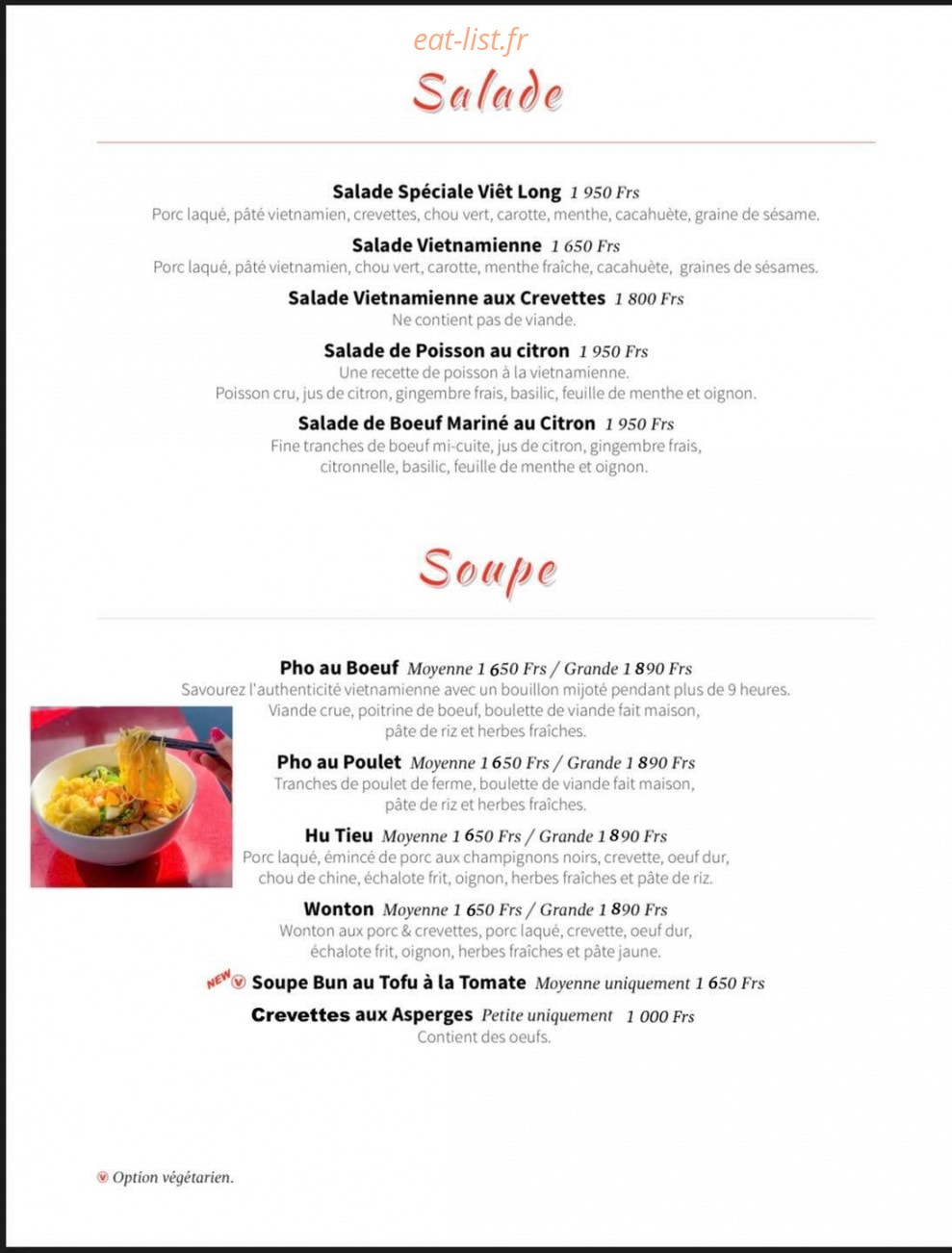Restaurant Viet Long — carte page 1