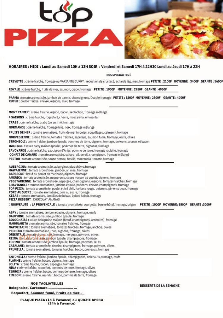 Carte et menu de Top Pizza à Noumea — Les pizzas