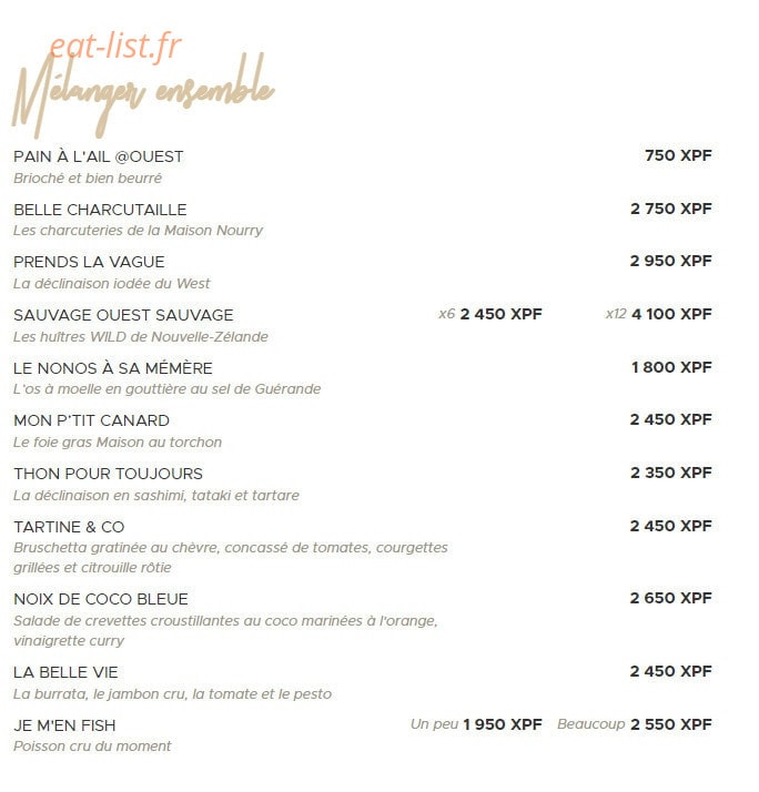 West Food & Bar — carte page 1
