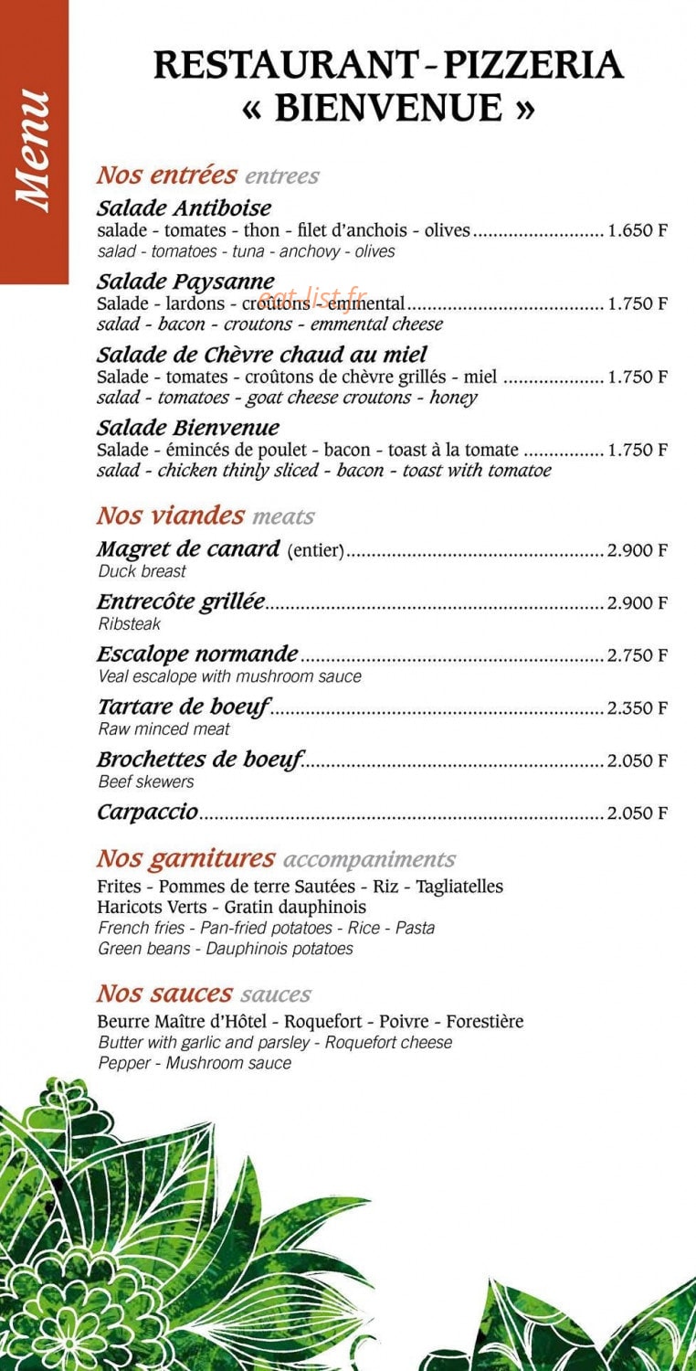 Restaurant Bienvenue — carte page 2