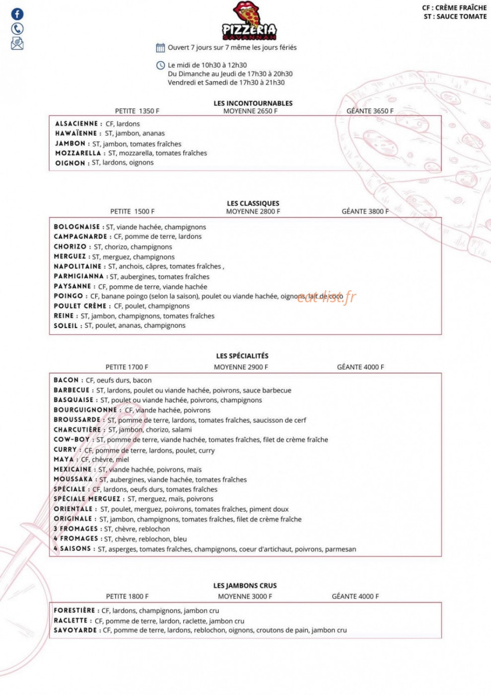 Pizzeria Savannah — carte page 1
