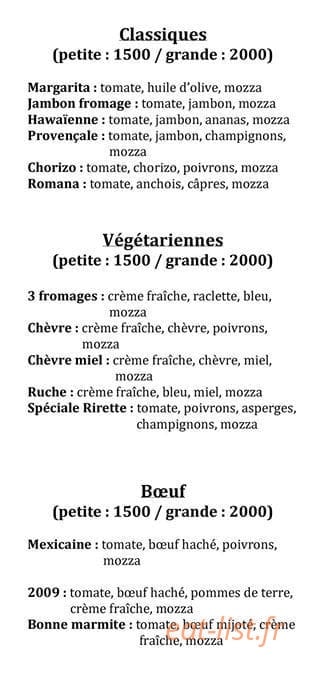 Les pizzas de Rirette — carte page 2