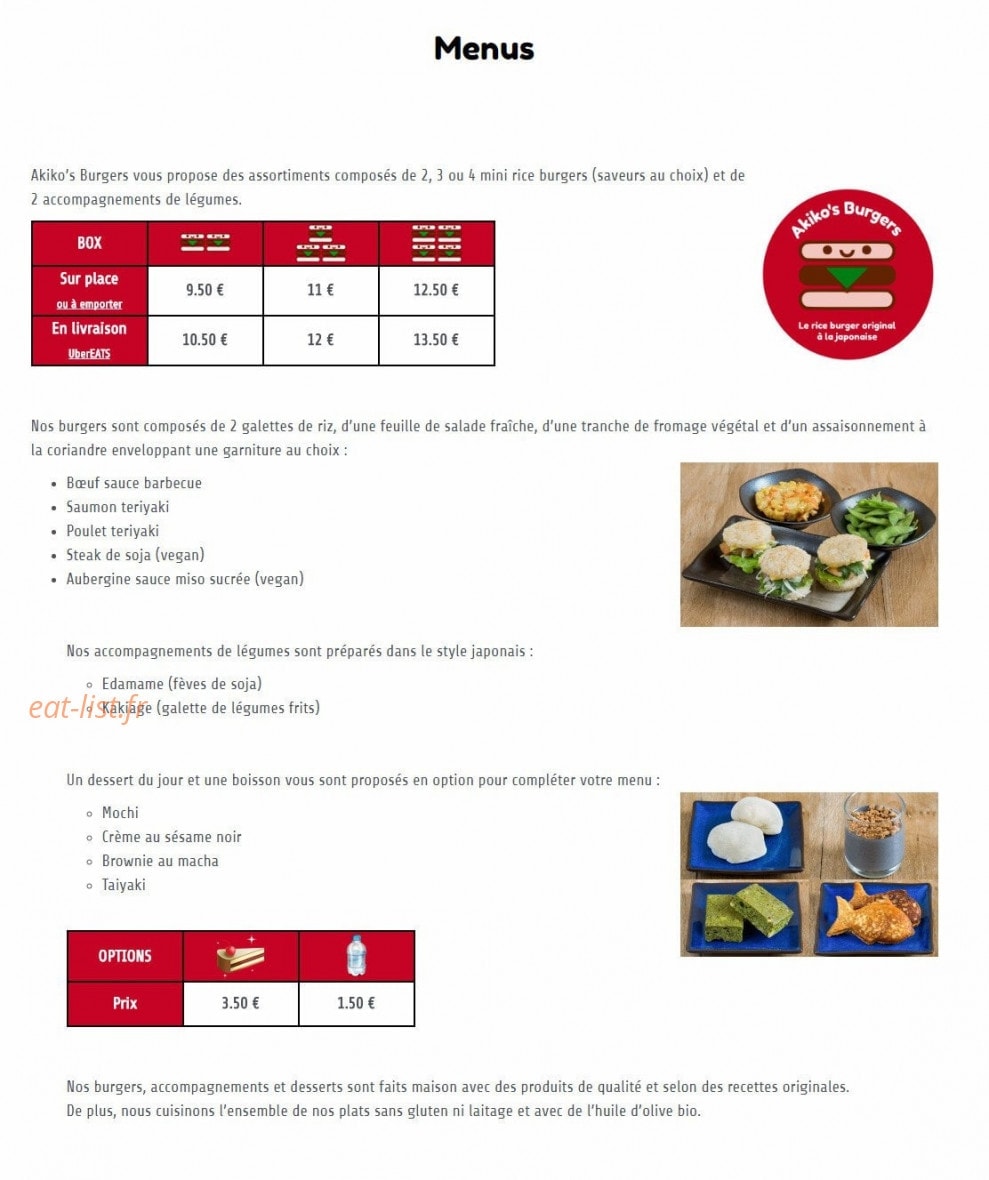 Akiko's Burgers — carte page 1
