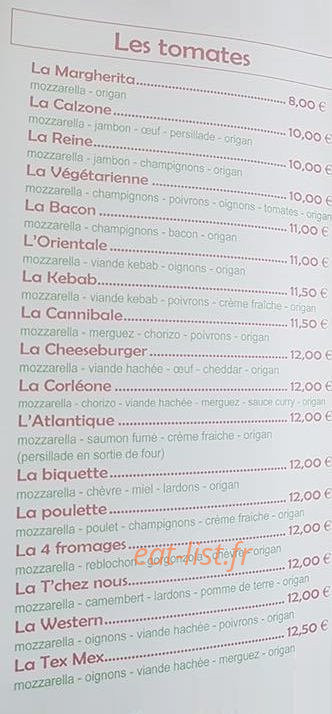 Alex Pizza — carte page 1
