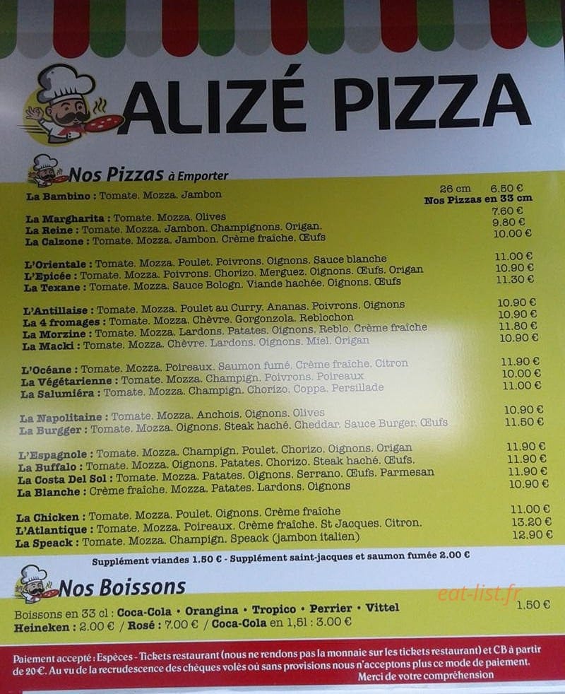 Alize pizza — carte page 1