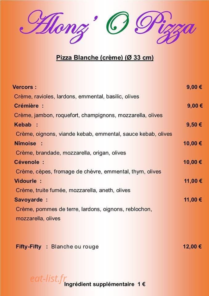 Alonz' O Pizza — carte page 1
