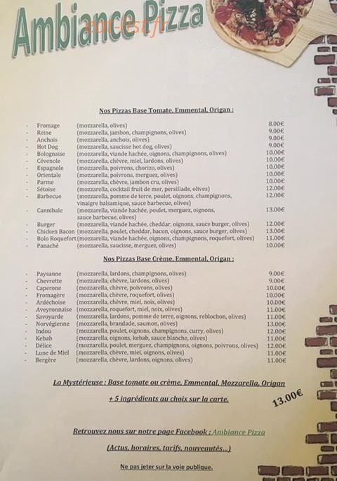 Ambiance Pizza — carte page 1