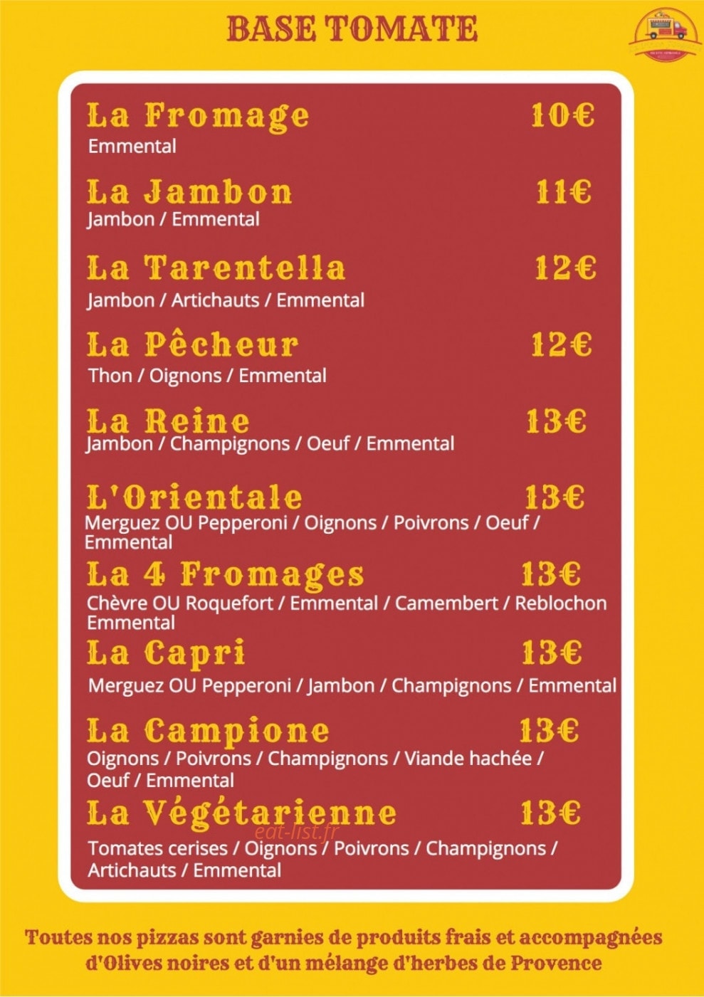 Au Camion Pizza — carte page 1