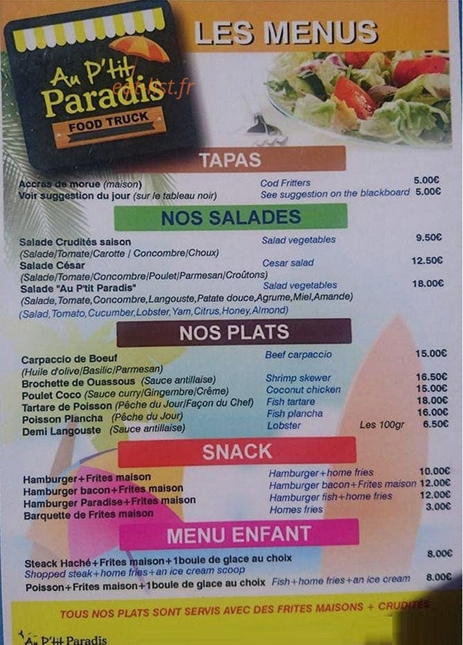 Au P'tit Paradis — carte page 1