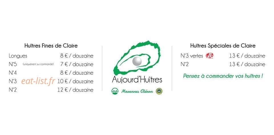 Carte et menu de Aujourd'Huîtres à Bagneres de Luchon — Huîtres