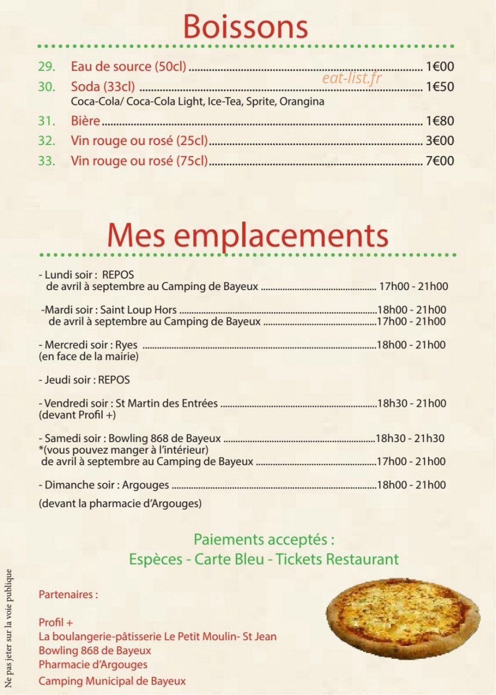 Carte et menu de Aux delices du gallois à Bayeux — Boissons et informations