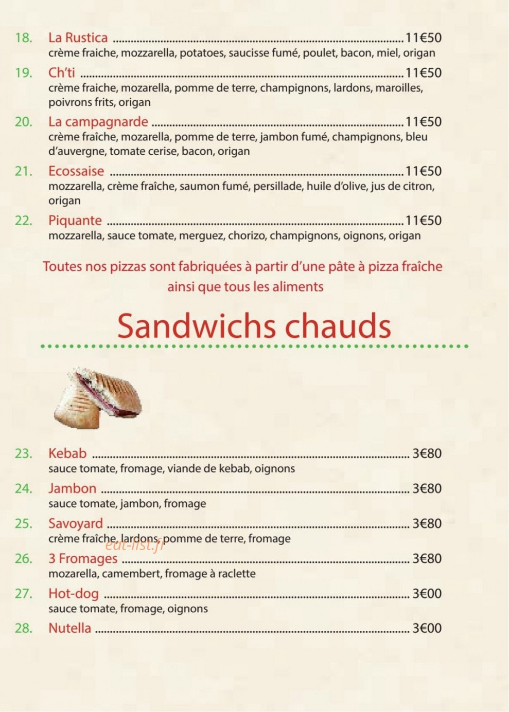 Carte et menu de Aux delices du gallois à Bayeux — Pizzas suite et sandwiches chaudes